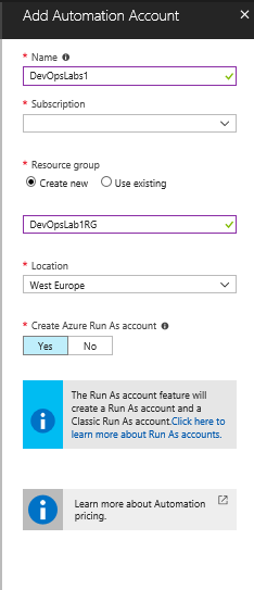 Create Azure Automation Account pane in Azure Automation portal